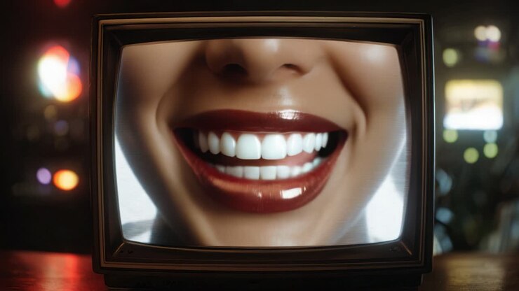 Close-up of Glossy Lips and Bright Smile Displayed on Vintage Television Screen With Colorful Background and Soft Focus Creating an Engaging Visual Experience