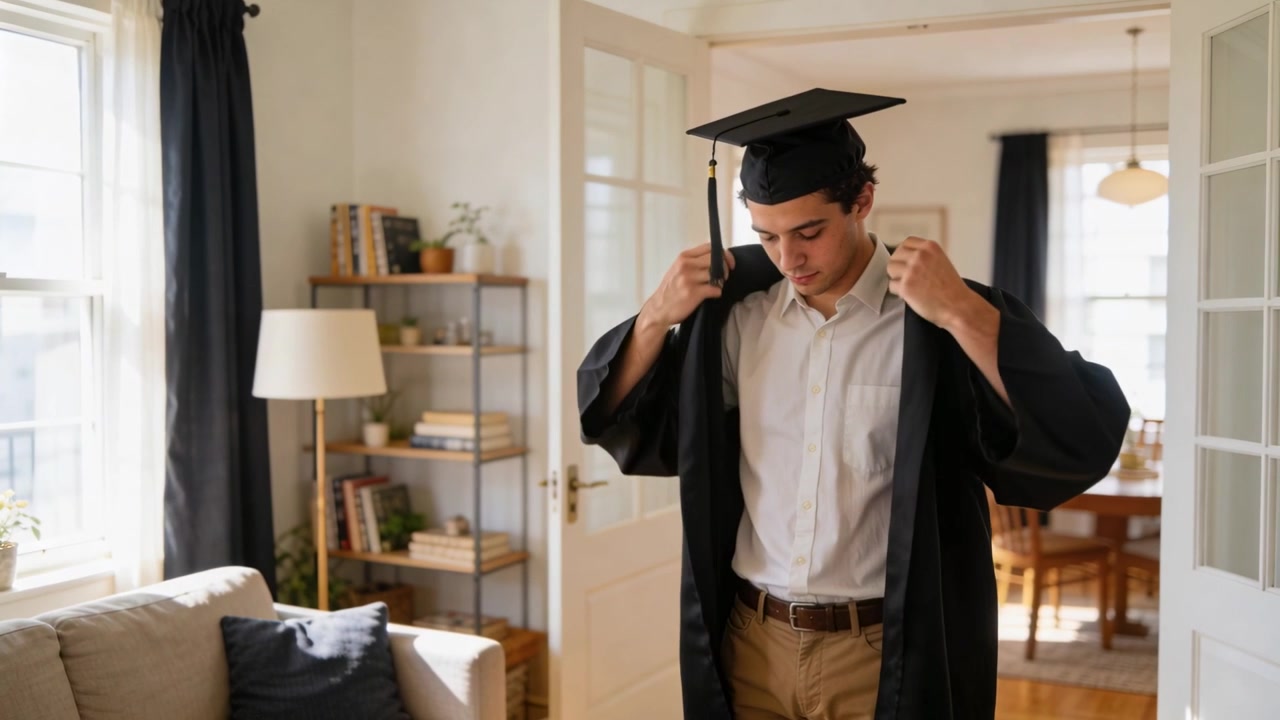 Indossando e sistemando la toga di laurea, un uomo sistema il tocco e la nappa in salotto per la cerimonia.