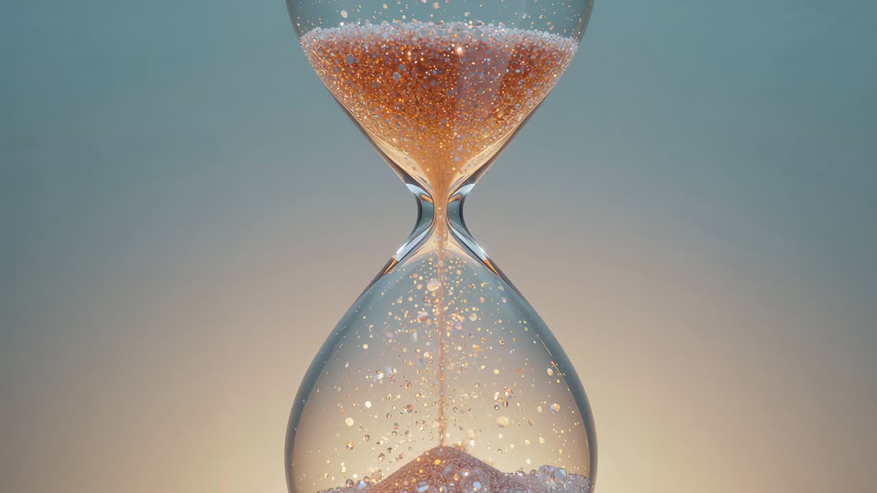 Flowing pink glitter sand descending in glass hourglass on pastel gradient backdrop, marking time