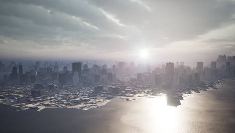 skyline aerial view at sunset with skyscrapers