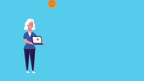 mujer de negocios levantando portátil y monedas animadas