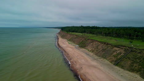 breathtaking drone view of coastline with elevated lush green fields and trees ending abruptly at small beach on overcast day