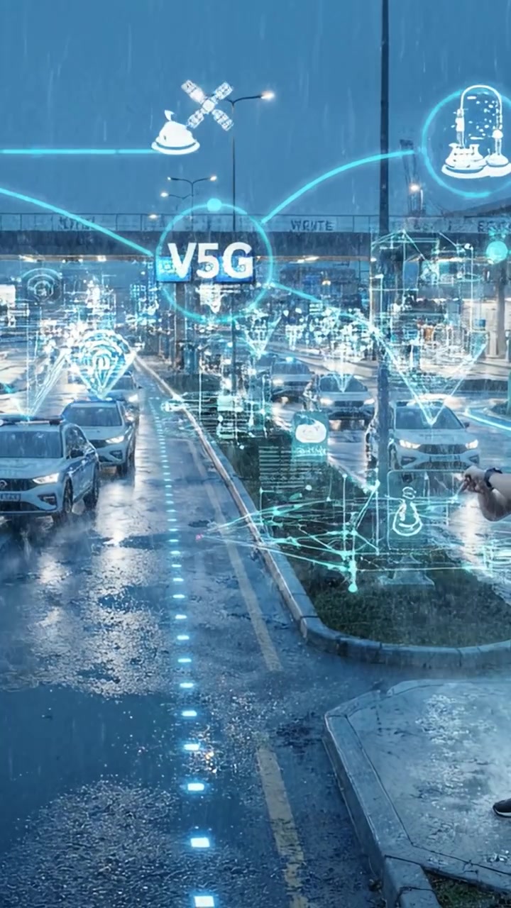 Scena notturna urbana con flusso di traffico, connettività digitale e atmosfera piovosa che evidenzia i sistemi di trasporto intelligenti in un paesaggio urbano moderno