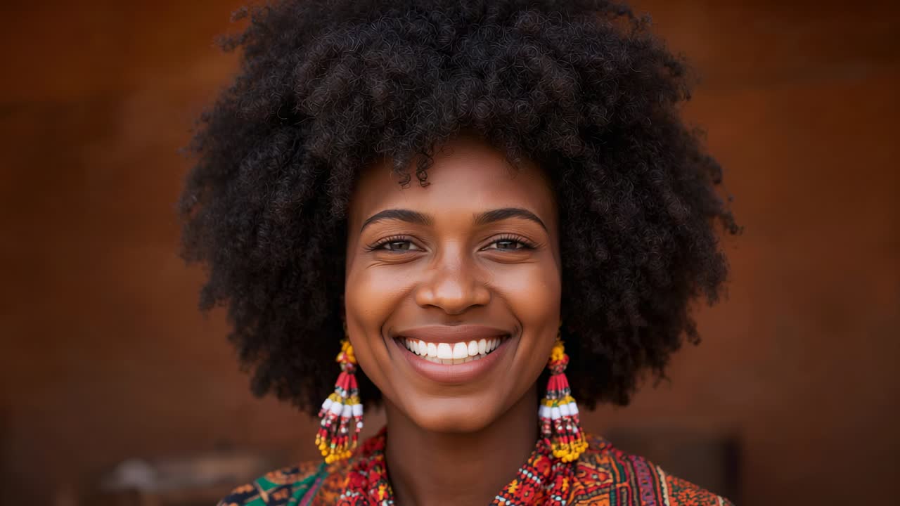 Donna sorridente che reagisce alla fotocamera in studio, mantenendo il sorriso, chiudendo gli occhi e indossando orecchini pendenti