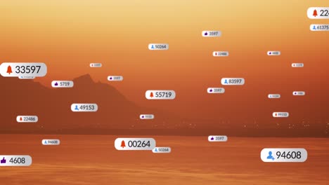 Animation-Von-Social-Media-Symbolen-über-Sonnenuntergang-Und-Meereslandschaft