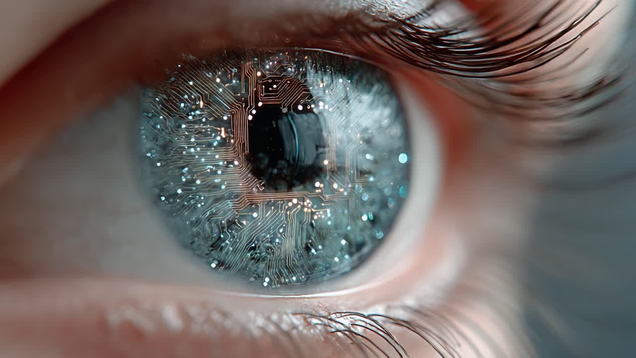 A Fascinating Glimpse into the Fusion of Technology and Biology: A Close-Up View of a Human Eye Embedded with Electronic Circuitry Symbolizing Futuristic Innovations