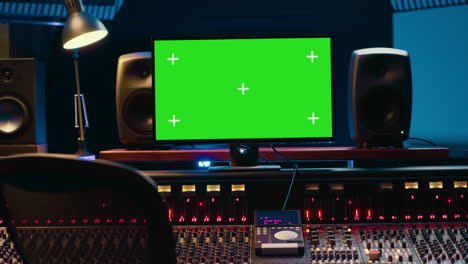 control room with greenscreen running on computer next to buttons and sliders