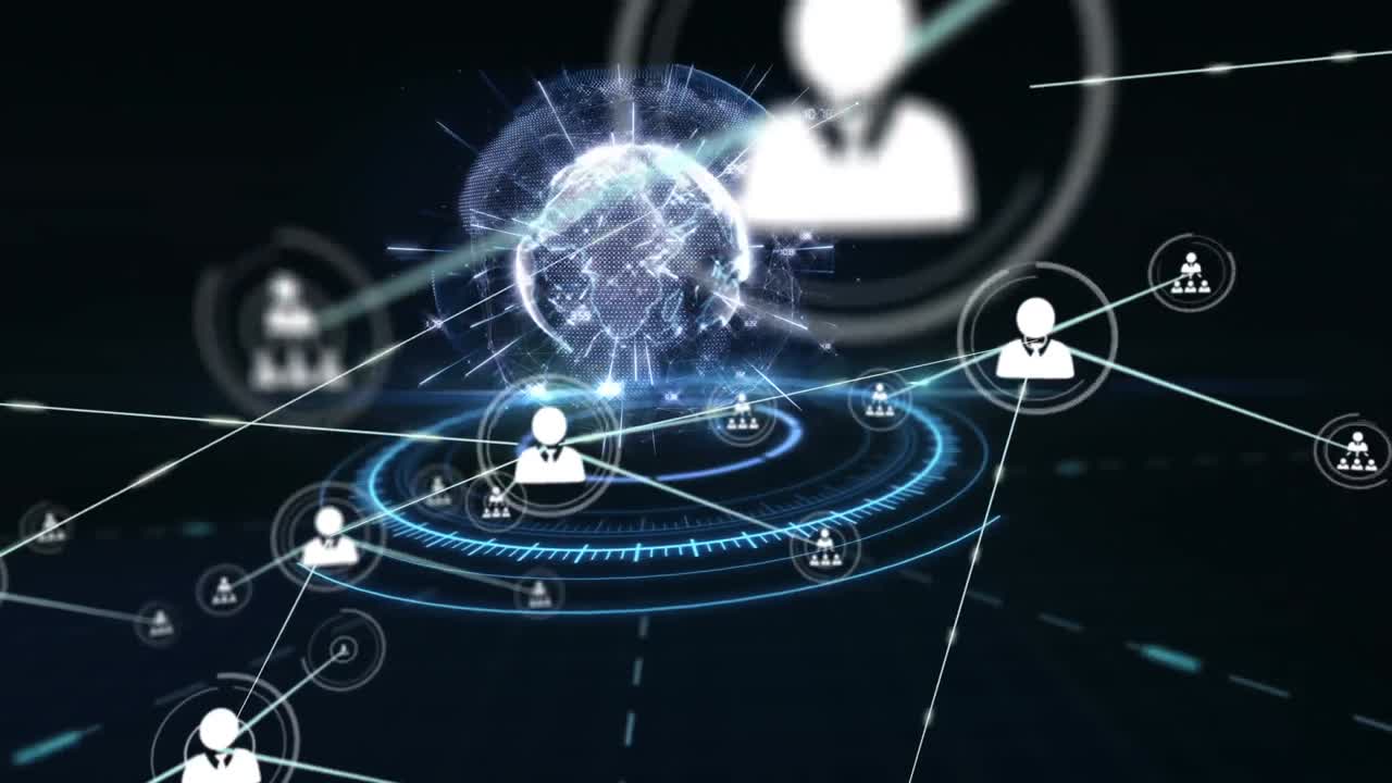 Network of profile icons against spinning globe over round scanner on black background