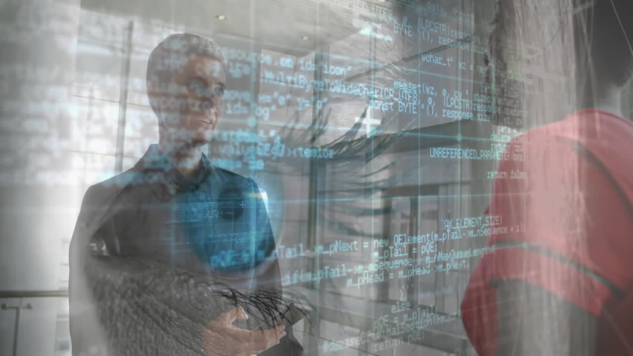 two colleagues holding cables and discussing network concept in office, with holographic code