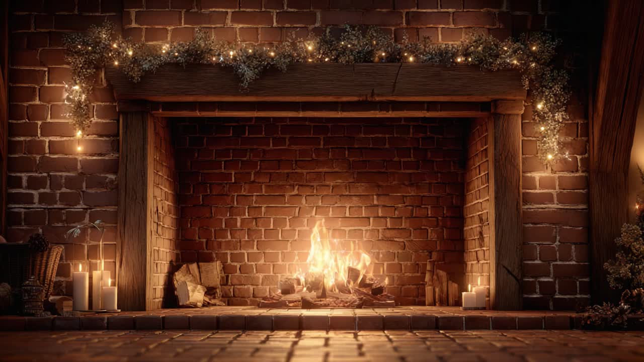 A Cozy Fireplace Scene Illuminated by a Gentle Flame, Enveloped with Twinkling Lights and Festive Greenery, Creating a Warm and Inviting Atmosphere for Winter Gatherings