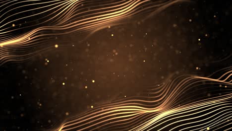 el flujo de ondas de partículas doradas con polvo y fondo de bucle bokeh.