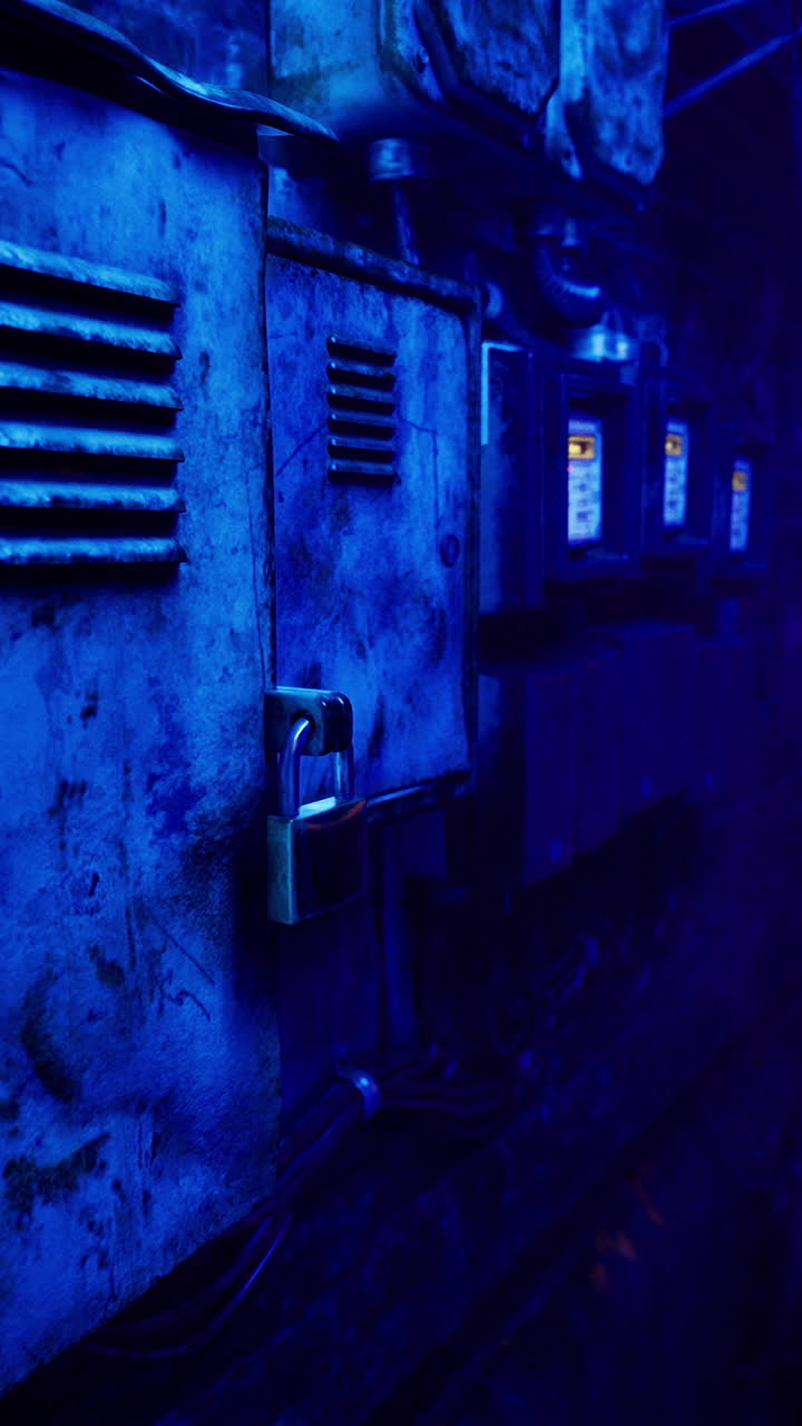 Mysterious alleyway illuminated by blue light in abandoned urban setting