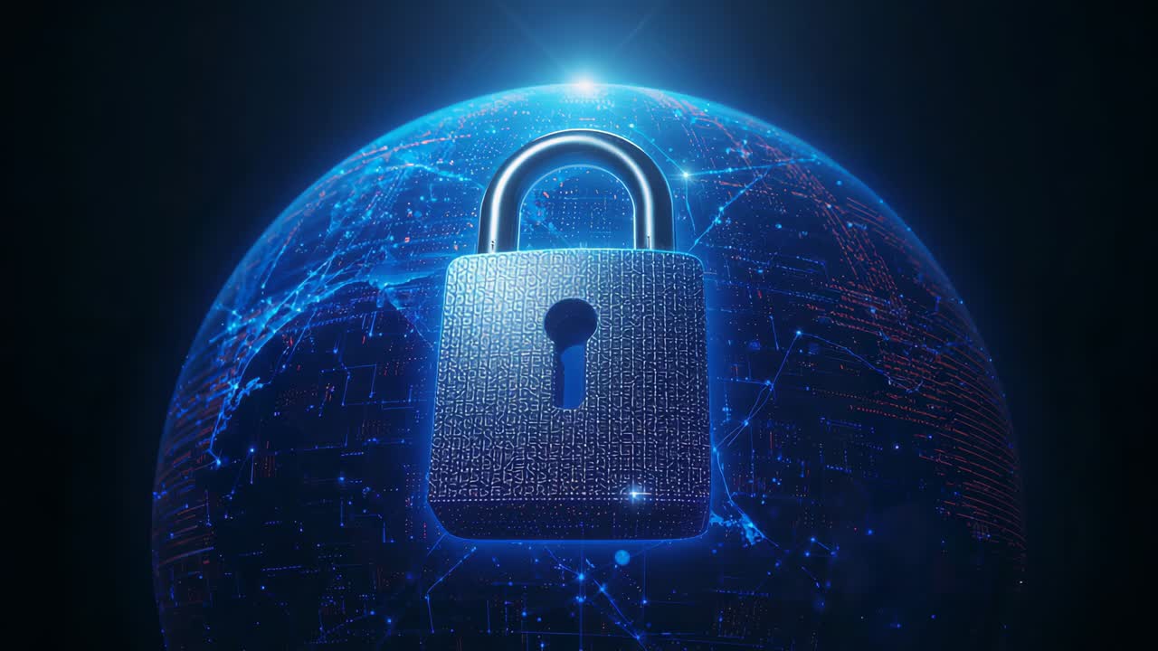 Shining metallic padlock reflecting growing top flare at digital globe, highlighting data security