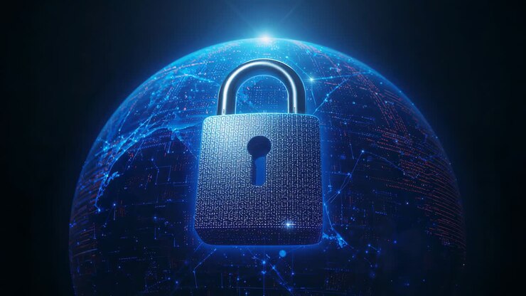 Shining metallic padlock reflecting growing top flare at digital globe, highlighting data security