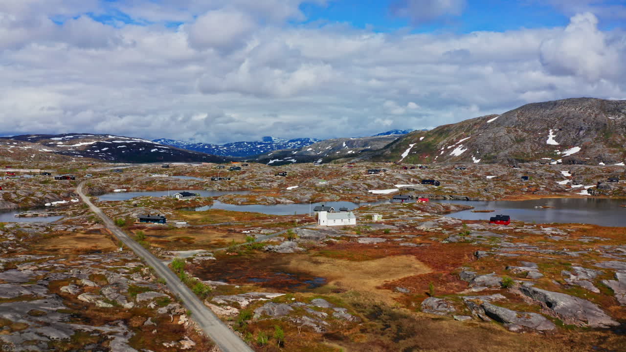Aerial drone shot of the nordic rocky landscape of the town of Bjørnfjell at the Swedish border.
High view of the arctic tundra and vast wilderness.