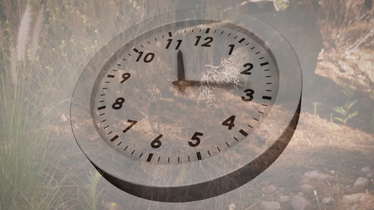 Upon overlay fading in clock hands advancing as hiker adjusting pack crossing trail marking time