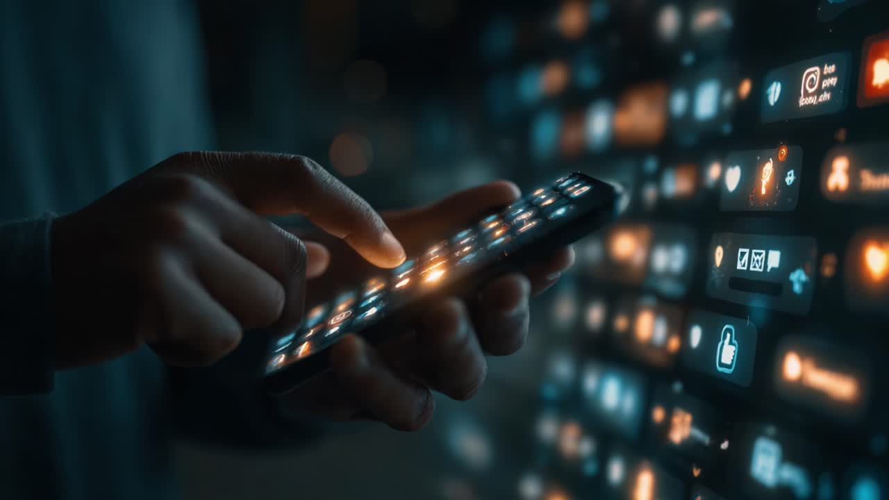 A Person Interacting with a Smartphone Displaying Various Digital Icons Highlighting Connectivity, Apps, and Interaction in a Modern World