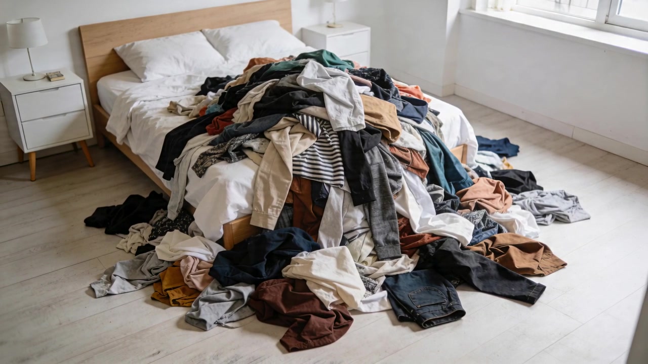 Shifting camera showing clothing mound staying on rumpled bed in bedroom to reveal floor, lamp