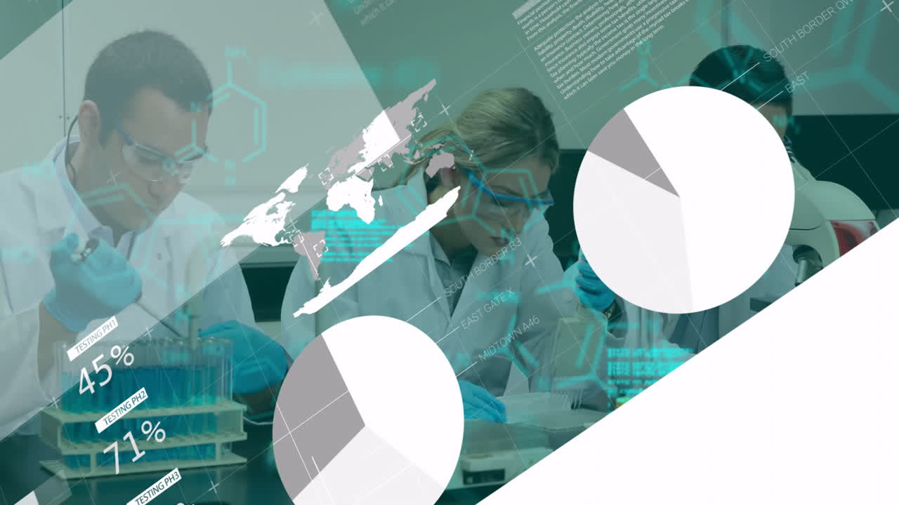 In lab, scientists analyzing data charts with animation of world map overlay