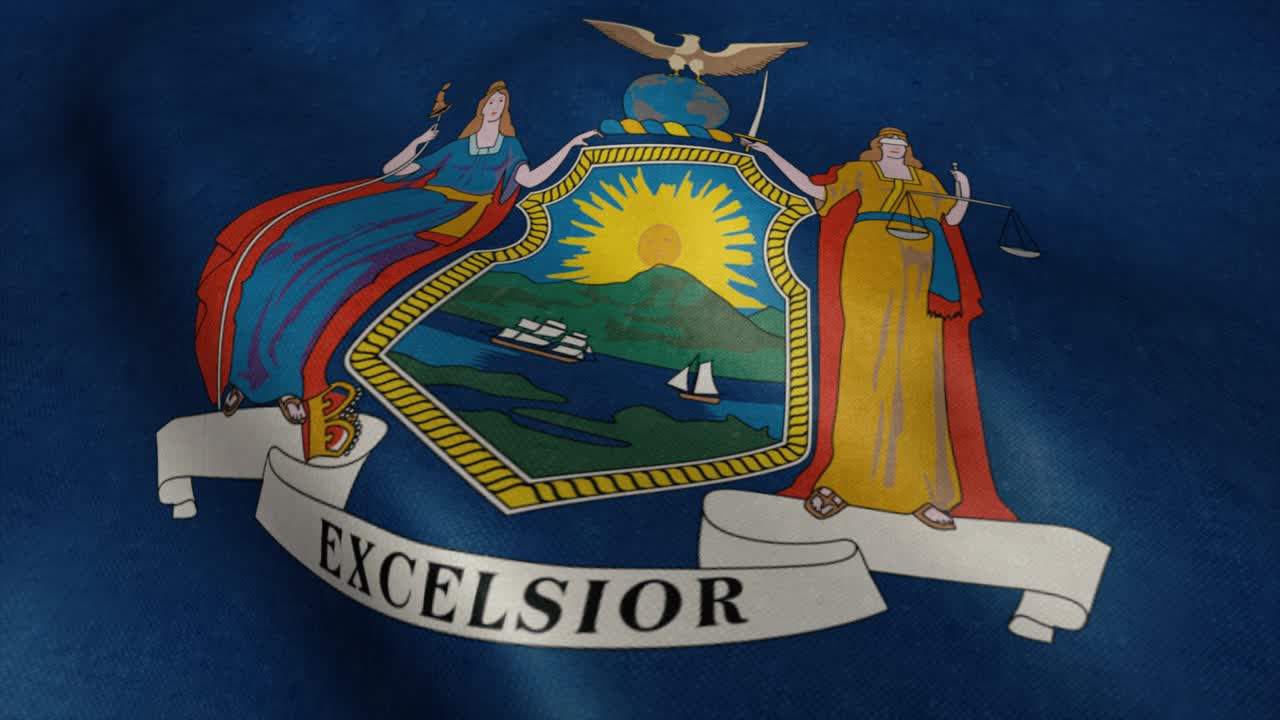 video de la bandera de nueva york ondeando en el viento. fondo realista de la bandera del estado de estados unidos