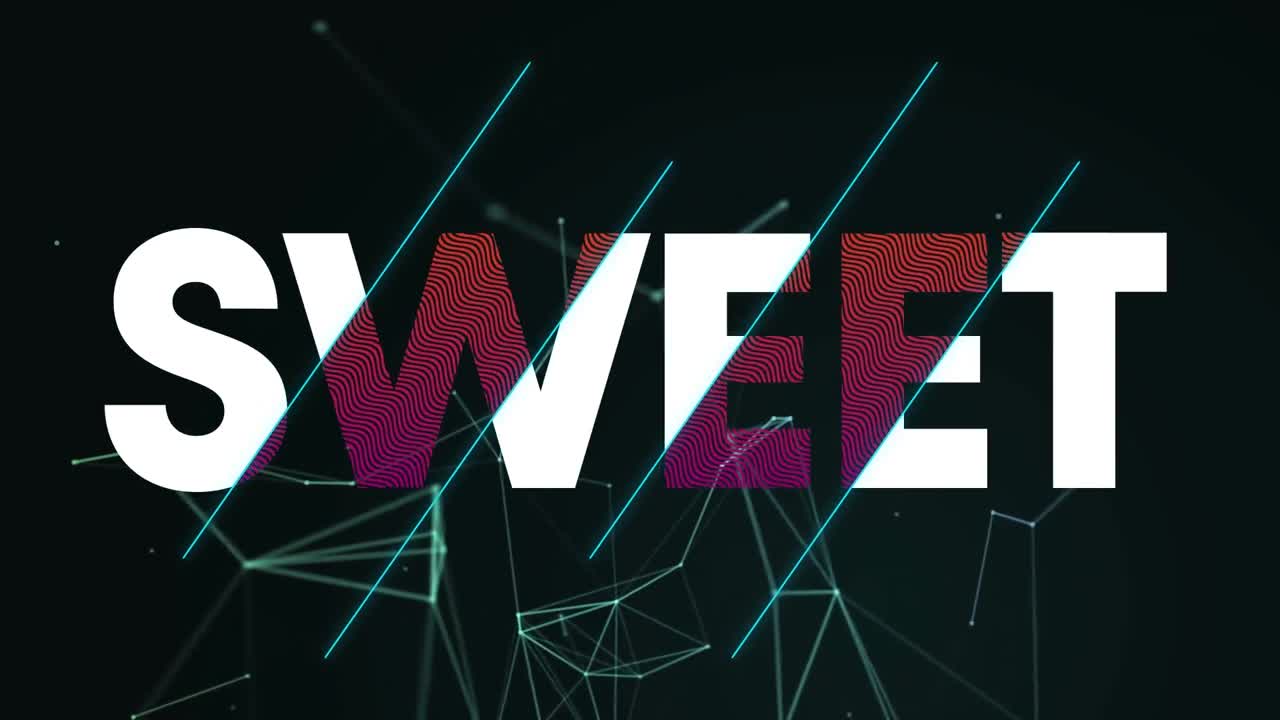 animación de texto dulce en letras blancas y rosadas sobre formas abstractas sobre fondo negro