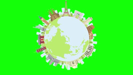 travel, vacation, sightseeing animation banner (4k) . world heritage and world famous buildings. green background for background transparent use.