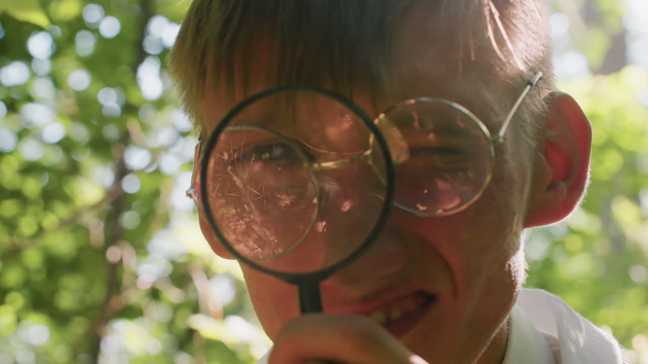 Close view of botany student wearing glasses holding magnifying glass under sunlight in natural environment, focusing on detailed observation with curiosity during outdoor ecological research study