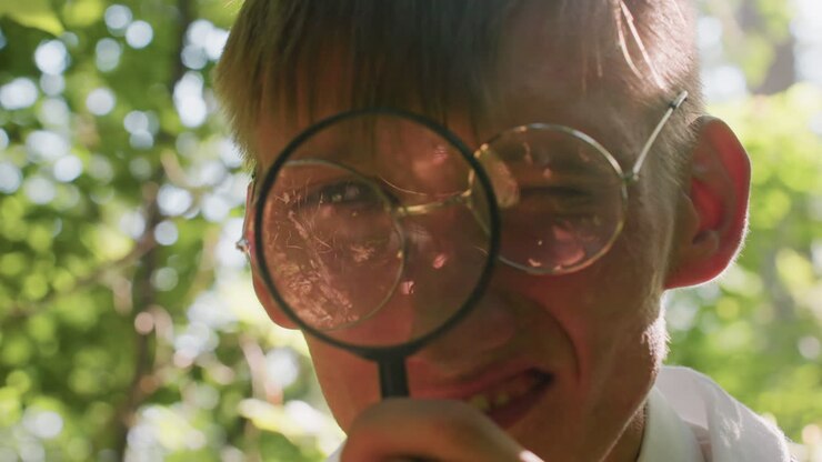 Primo piano di studente di botanica con occhiali che tiene una lente d'ingrandimento alla luce del sole in un ambiente naturale, concentrandosi sull'osservazione dettagliata con curiosità durante uno studio di ricerca ecologica all'aperto