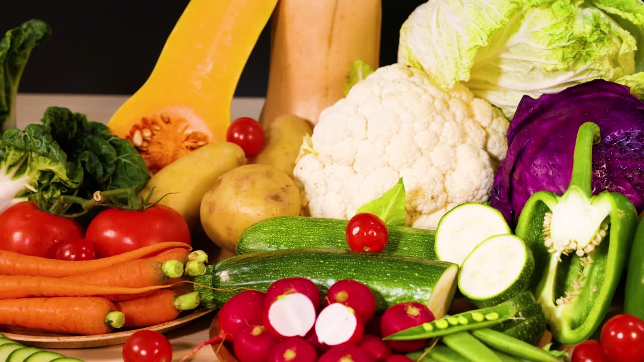 검은 바탕 에 배열 된 다양한 채소