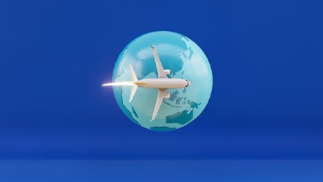 avión volando alrededor del mundo en un fondo azul. renderización 3d.