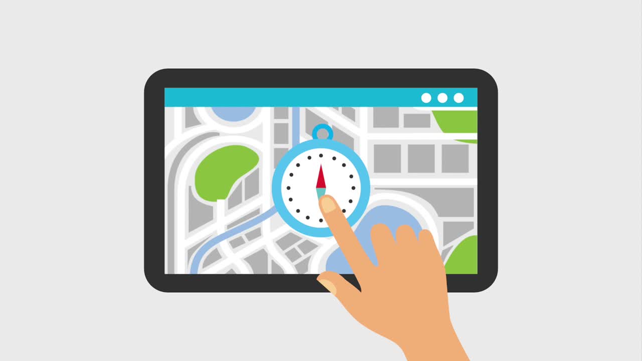 dispositivo de tableta con toque de mano brújula pin mapa navegación gps