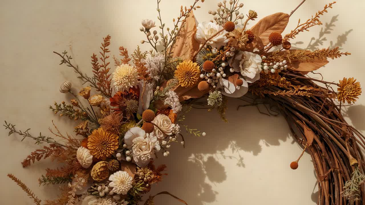 Panning camera showing wreath on neutral wall, highlighting cream rose, billy-balls and shadows