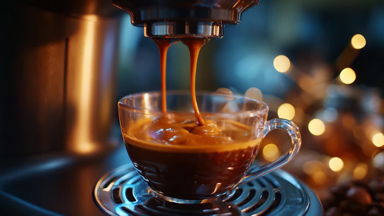 Aromatic Coffee Brewing: Captivating Close-Up of Rich Espresso Pouring into a Glass Cup, Creating a Flawless Layer of Creamy Foam and Warm Ambience