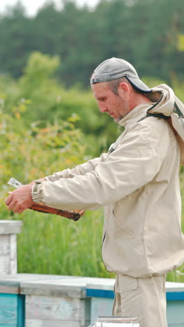 Experienced adult apiarist holds a frame and looks at it intently. Beekeeper examining his harvest thoroughly. Nature in blur at backdrop. Vertical video