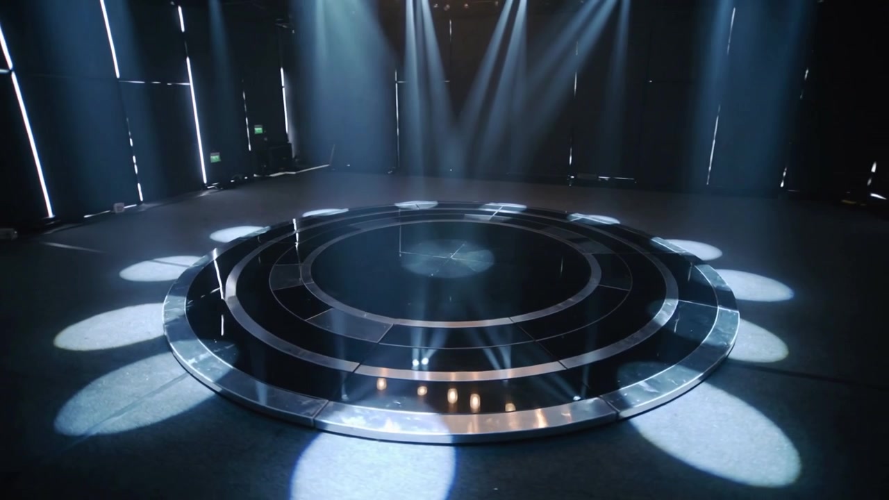 Lighting cue sending moving head lights sweeping circular tiered stage in studio, revealing beams