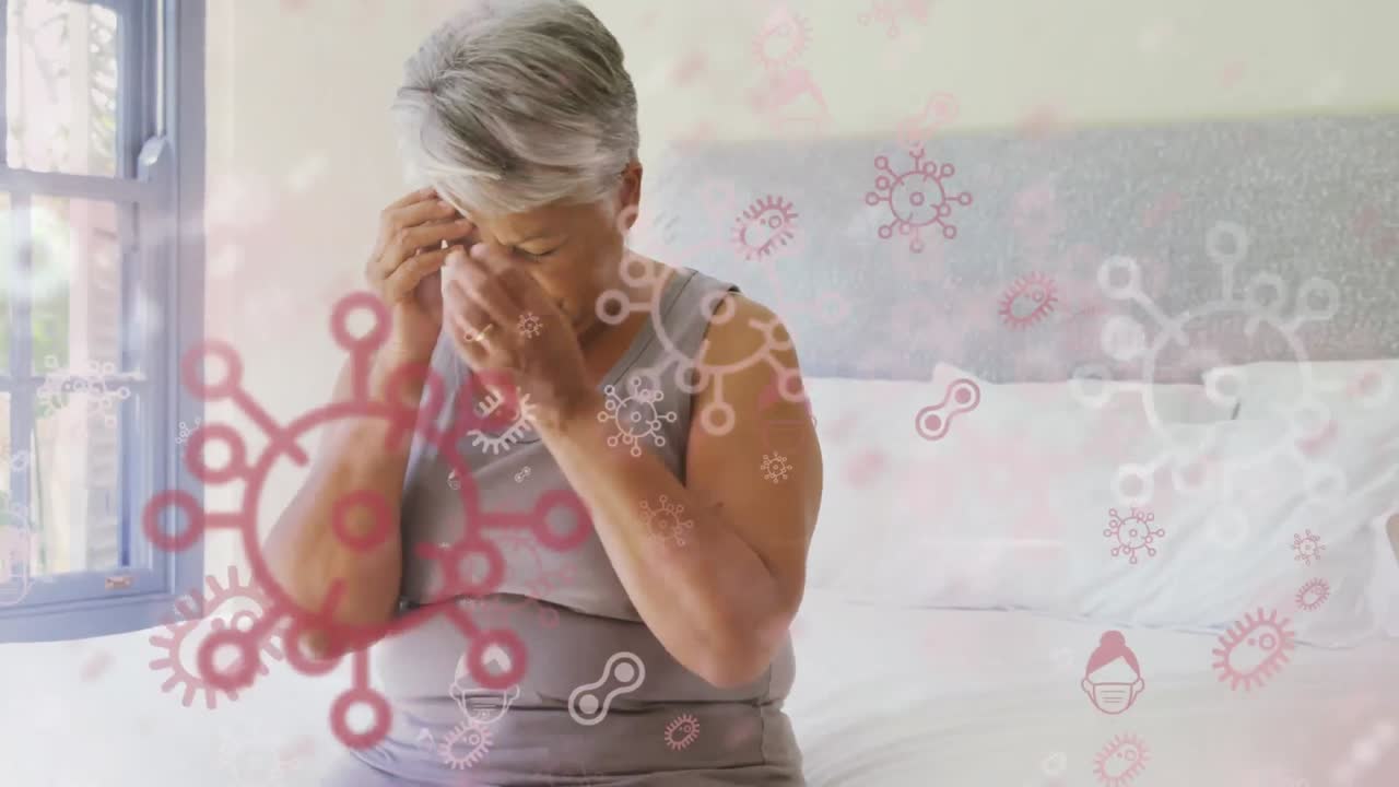 animación de células de covid 19 flotando sobre una mujer enferma