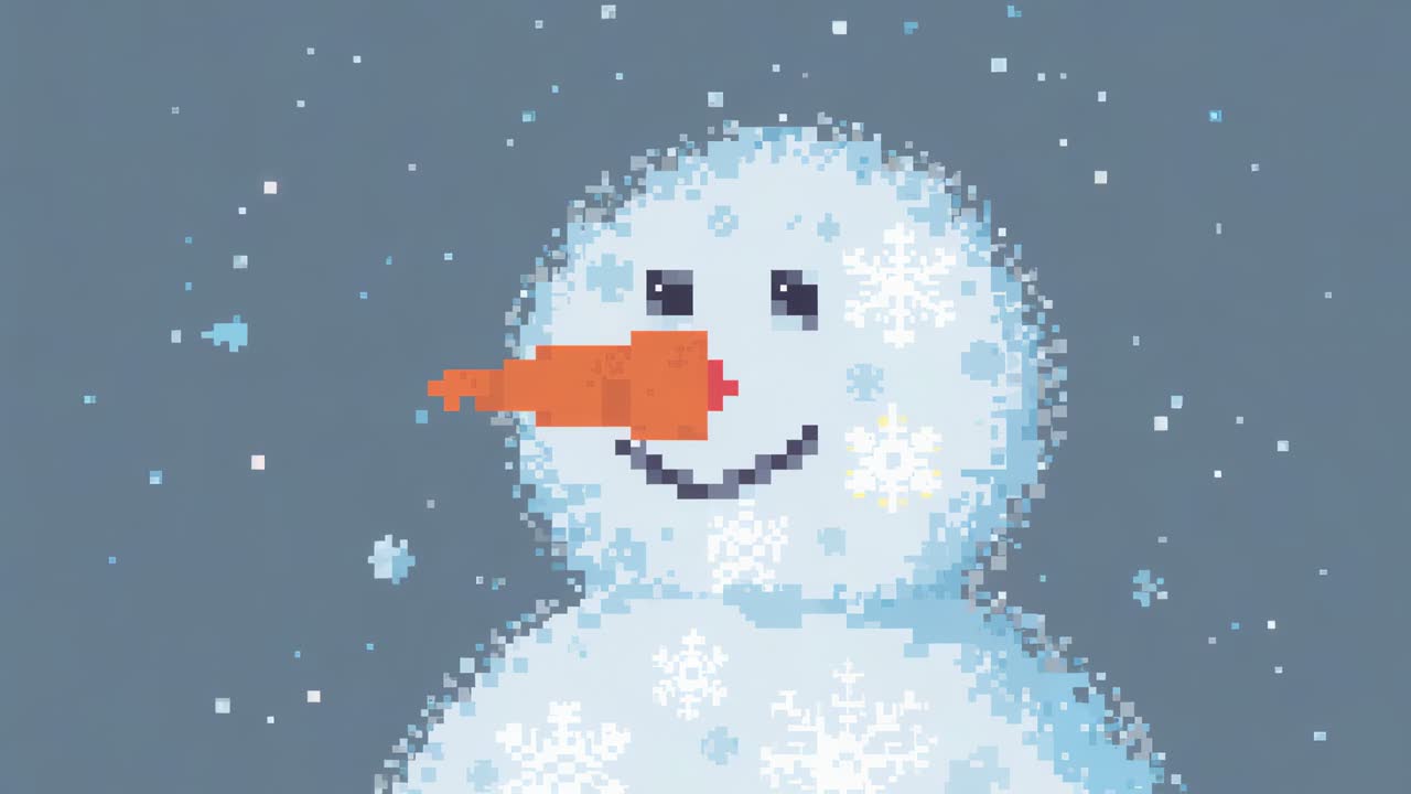 Visar pixel-snögubbe med morotsnäsa i orange utomhus, snöflingor börjar falla