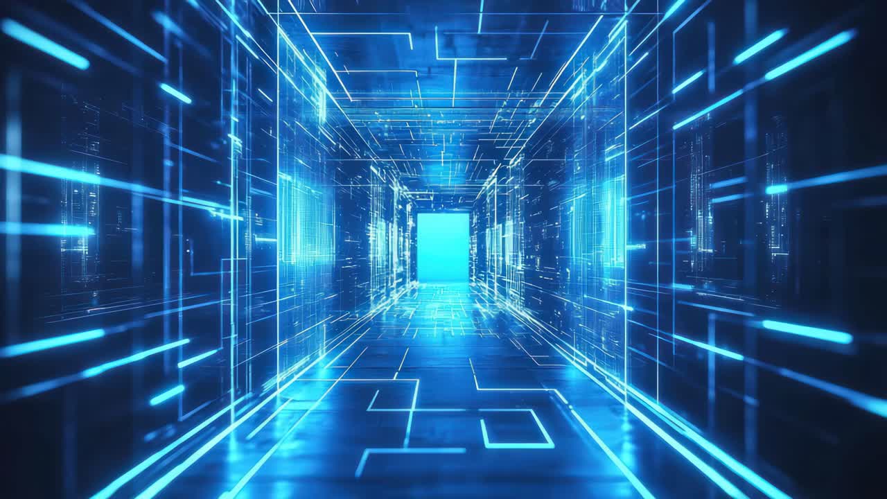 Futuristic corridor with glowing blue lines, captured from a low-angle perspective