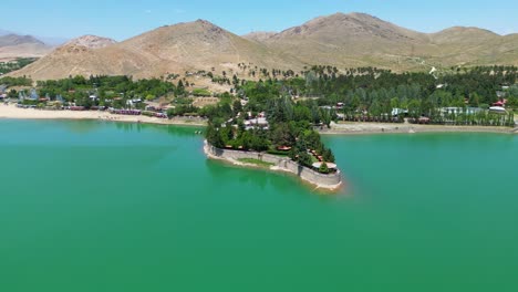 aerial view of lake landscape in kabul afghanistan, blue sky