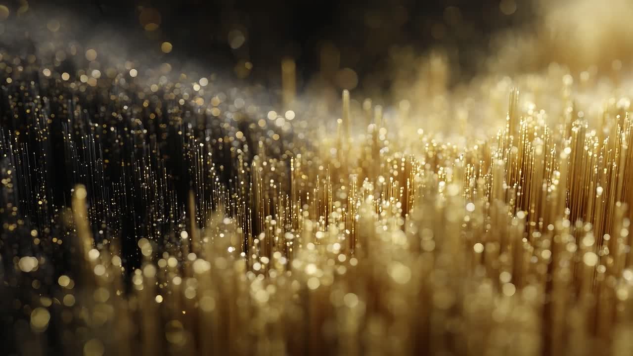 Esplorazione ravvicinata di fili dorati texturizzati che brillano sotto la luce, creando un’immagine astratta di microambienti dinamici e scintillanti