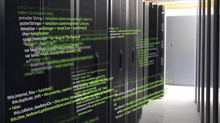 Animazione dell'elaborazione dati su sfondo di una sala server di computer.