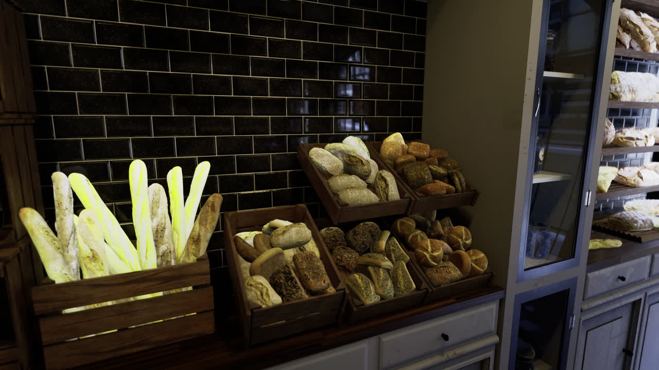 Delicious assortment of freshly baked bread displayed in a cozy bakery