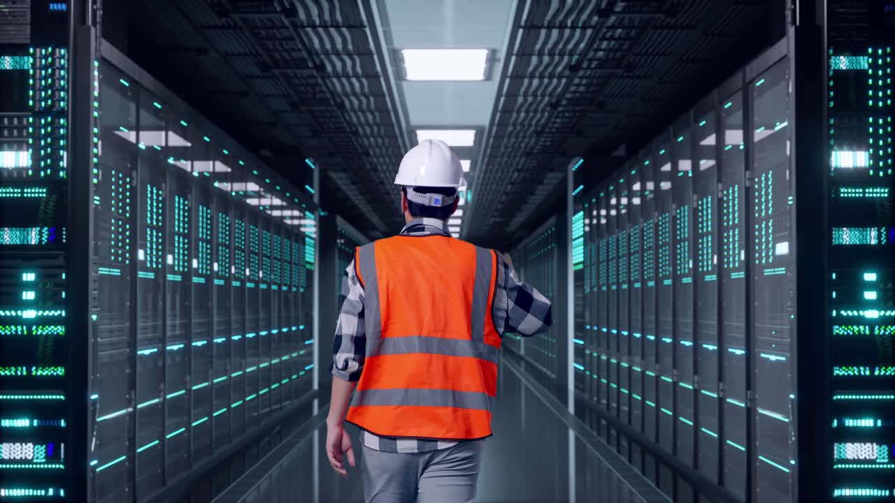 Back of Asian Male Engineer Waving Hand Saying Bye While Walking in Server Room Data Center