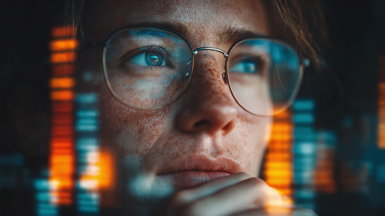 Thoughtful Individual Analyzing Data Visualizations with a Focused Expression, Surrounded by Colorful Metrics and Graphs in a Digital Environment