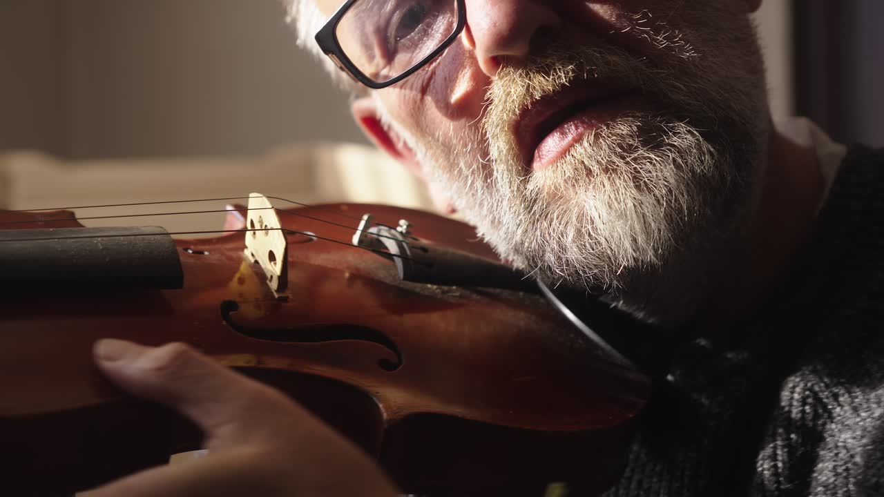 Bearded musician plucks violin strings and ear tunes aged instrument