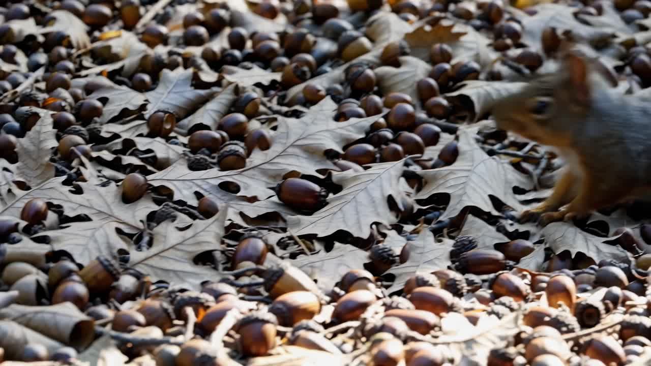 Close-up video angle of a squirrel amidst fallen leaves and acorns, capturing a natural, earthy