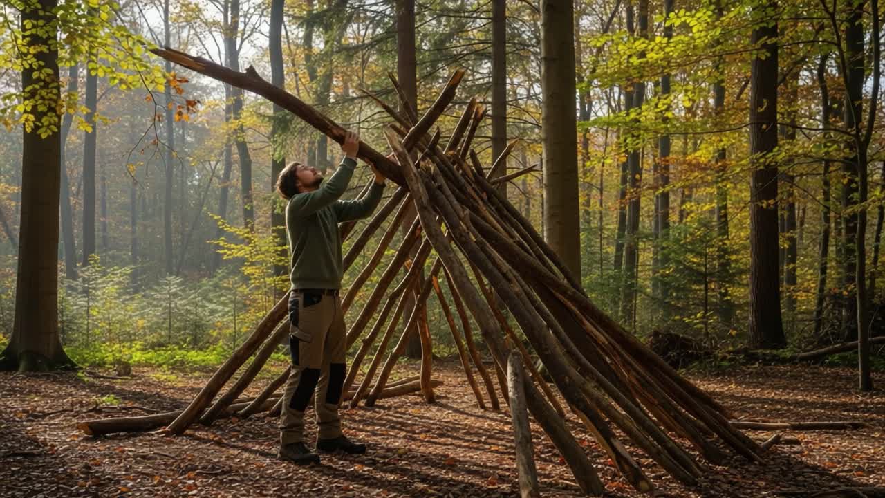 Constructing a Natural Shelter: A Craftsman Assembles a Sturdy Bushcraft Structure in a Serene Autumn Forest Landscape