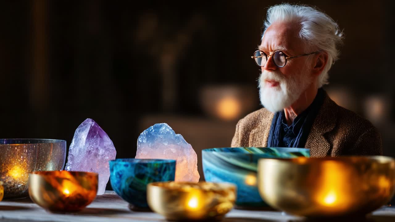 En eldre mann mediterer i rolige omgivelser, omgitt av levende krystaller og skåler, og omfavner roen av lyd og lys i en mystisk atmosfære.