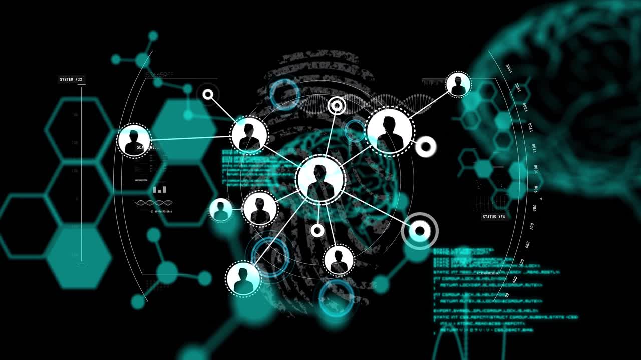 Animation of network of connections with icons over data processing and chemical formulas