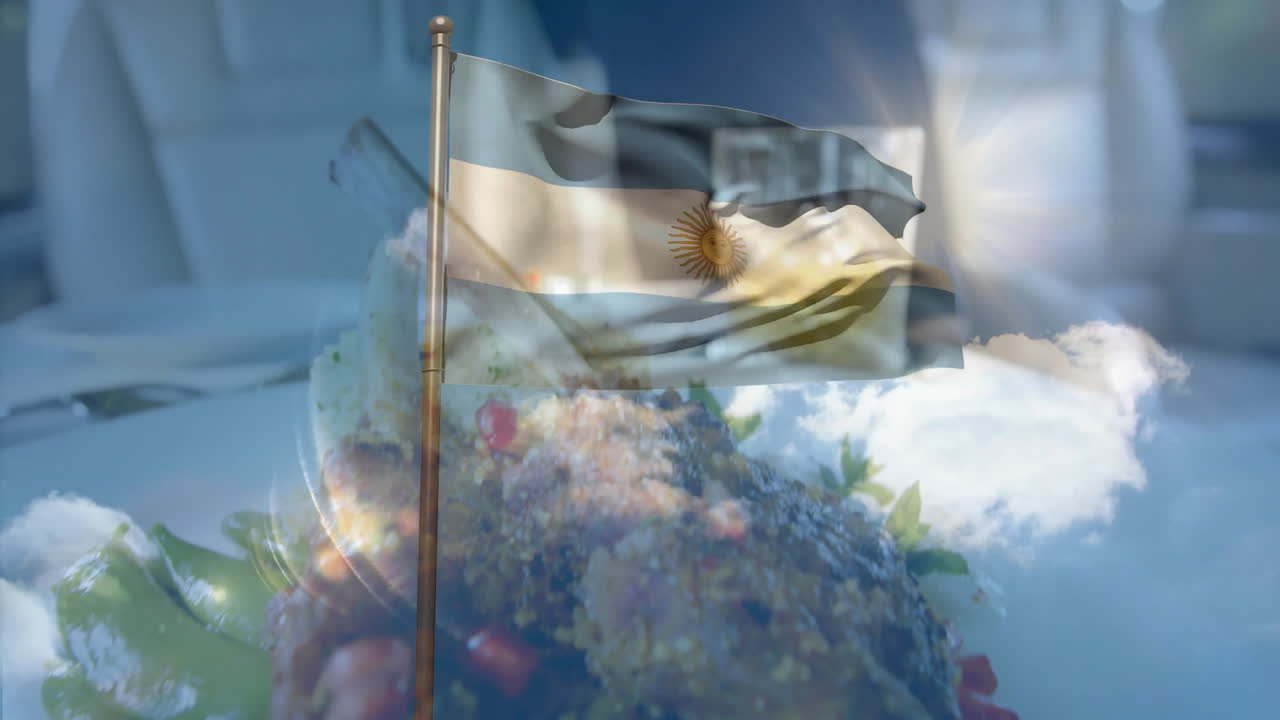 Argentinian flag waving in animation with clouds and sunlit sky background